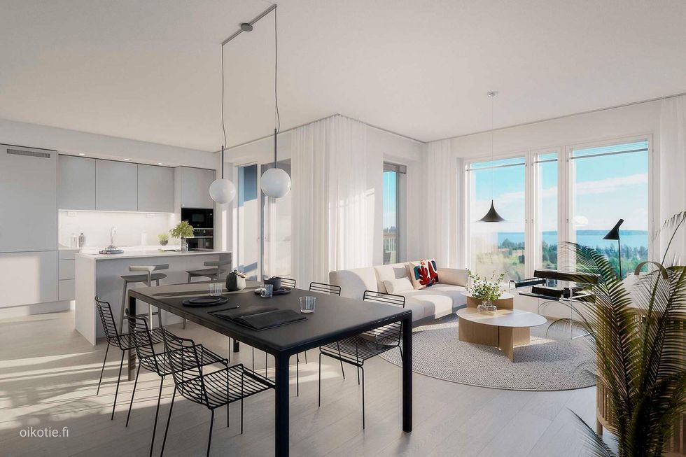 Duo-kodit 125,5 m² | 5H+KT+S | Visualisointi | Näkymä vaihtelee kerroksittain