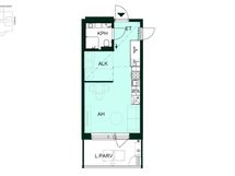 Selkeälinjainen yksiö, jossa käytännöllinen alkovi rauhoittaa nukkumatilan. Avara oleskelu jatkuu lasitetulle parvekkeelle.