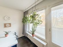 Isoista ikkunoista tulee mukavasti luonnonvaloa asuntoon. Ikkunoissa sälekaihtimet.