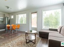 Pienemmän asunnon olohuone - keittiö.