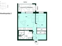Vaihtoehtoisessa pohjaratkaisussa kodinhoitotilan tilalle kylpyhuoneeseen on toteutettu sauna.