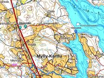 Sininen merkki on yhteinen ranta. Rannalla on laituri.