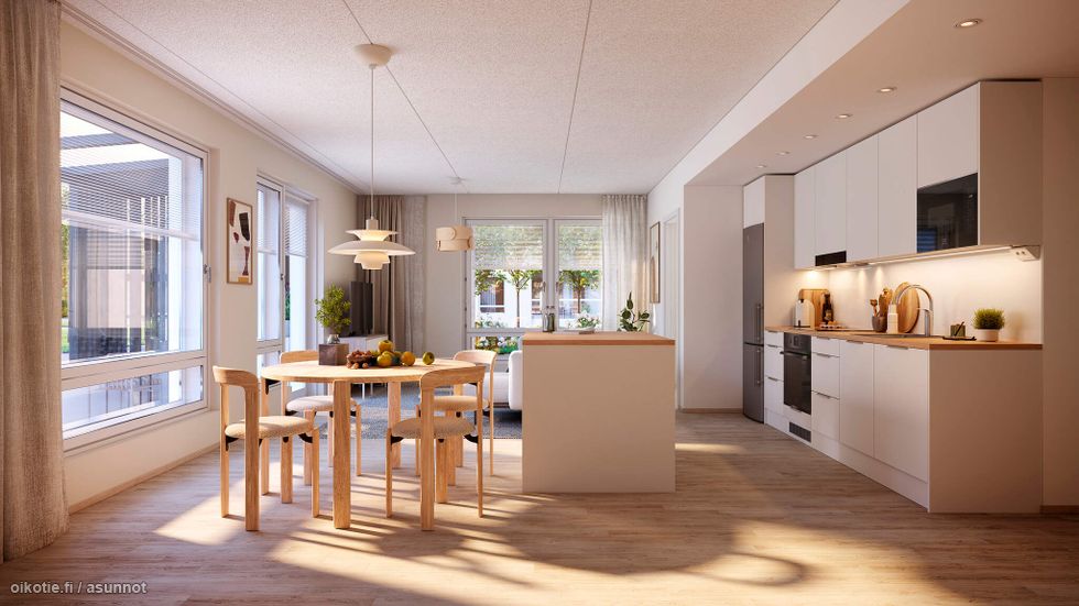 Visualisointi ensimmäisen kerroksen vastaavasta kodista (3h+kt+s, 64,5 m²)