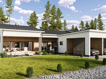 Suojaisat omat piha-alueet, joita erottaa autokatosrakennus. Havainnekuva.