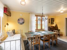 Näkymä keittiön suunnasta ruokailuhuoneeseen