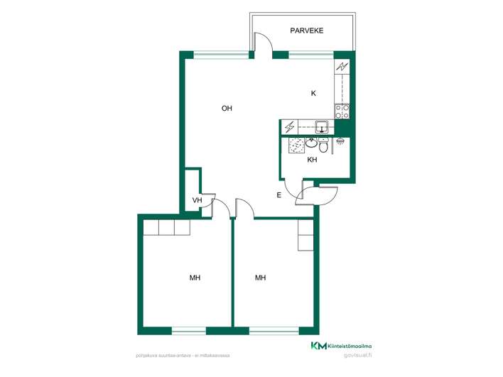 Kerrostalo, 3h+avok+kph+lasitettu parveke, 56,5 m², Roihuvuori – pohled 2