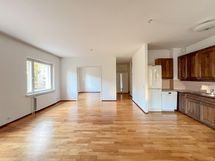 Iso olohuone, johon yhdistyy avokeittiö, on tämän kodin sydän.