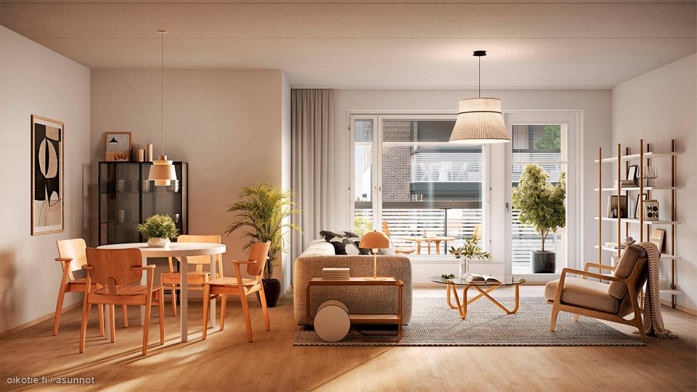 Visualisointi 69,5-neliöisestä ylimmän kerroksen kulmahuoneistosta (D24, 3h+kt+s).