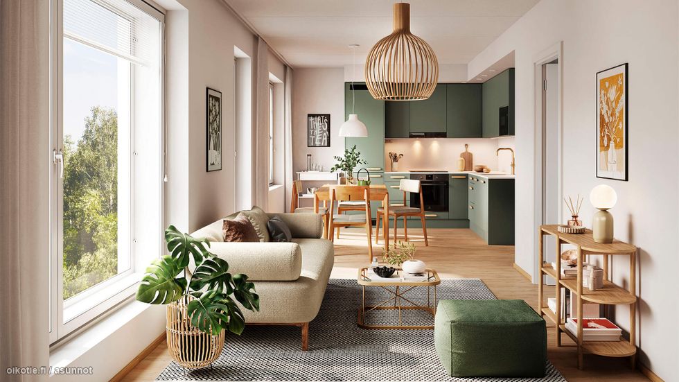 Visualisointi 48-neliöisestä ylimmän kerroksen kaksiosta (D26, 2h+kt).