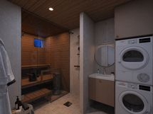 Luonnoskuva. Moderni kylpyhuone ja sauna.
