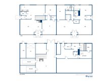 Huoneisto 1 on yläkuvan vasen puoli sekä koko alakerta ja vuokrattu huoneisto yläkerran oikea puoli.