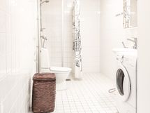 Kylpyhuoneeseen mahtuu sivusta täytettävä pyykinpesukone.