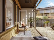 Visualisointikuvassa taiteilijan näkemys 1. kerroksen 27,0 m² asunnon A3 terassilta.