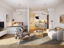 Visualisointi ensimmäisen kerroksen vastaavasta kodista (1h+kt, 32,5 m²)
