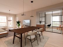 Visualisointikuva, taiteilijan näkemys Novellin 86 m²:n asunnon pohjaratkaisusta, vaihtoehto 2.