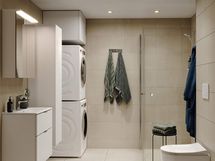 Visualisointi hintaan kuuluvasta kylpyhuonetyylistä Hieta: hiekansävyiset lattialaatat (visualisoinnista poiketen 10x10 cm) ja seinälaatat sekä tyyliin sopivat valkoinen allaslaatikosto, pyykkikaappi, peilikaappi sekä sähkökäyttöinen pyyhekuivain.