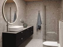 Visualisointikuva Kivinen kalkki -tyylillä sisustetusta kylpyhuoneesta