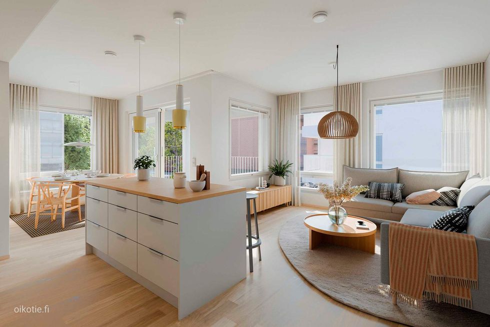 Visualisointi 3. kerroksen vastaavasta kodista (3h+kt+s, 77,5 m²).