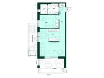 2h+kt+s, 54,5 m². Kaksio, jossa sauna, lasitettu parveke ja pieni piha.