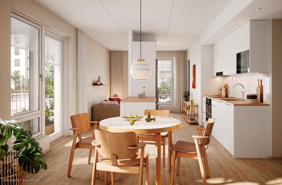 Visualisointi ensimmäisen kerroksen vastaavasta kodista (2h+kt, 45 m²)