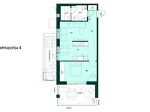 2h+kt+s, 54,5 m². Vaihtoehtopohjassa lisää säilytystilaa saa sijoittamalla makuuhuoneen parvekkeen viereen.