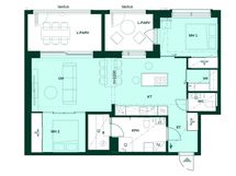 3h+kt+s, 75,0 m². Kolmio, jossa sauna ja kaksi lasitettua parveketta.