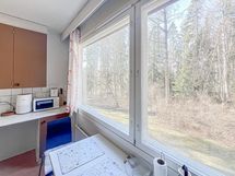 Myös keittiössä on suuret ikkunat.