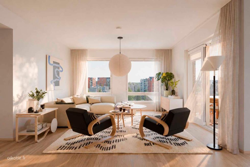 Visualisointi 8. kerroksen vastaavasta kodista (4h+kt+s, 93,5 m²).