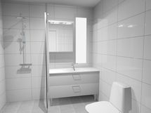 Havainnekuva pesuhuoneesta remontin jälkeen. Materiaalit ja värit muutettavissa.