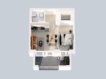 3D-pohjakuva asunnosta C 40, C45, C57 ja C67. Parvekkeen ulokkeessa pieni ero kuvassa olevaan.