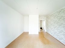 Kodissa on muovimatto lattiassa ja seinät tapetoitua/maalattua.