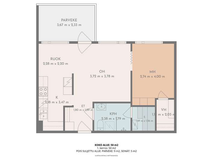 Kerrostalo, 2h + k + s + p, 49 m², Anttola - View 2