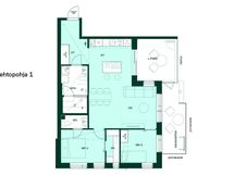 3–4h+kt+s, 73,5 m². Vaihtoehtopohjassa kaksi korkeaa kylmälaitetta ja saarekkeessa lieden lisäksi uuni.