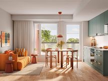 Visualisointi 46,5-neliöisestä kaksiosta (asunnot D7 ja D14, 2h+kt).