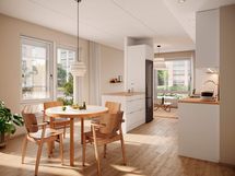 Visualisointi ensimmäisen kerroksen vastaavasta kodista (2h+kt, 45 m²)