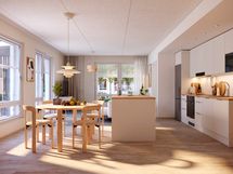 Visualisointi ensimmäisen kerroksen vastaavasta kodista (3h+kt+s, 64,5 m²)