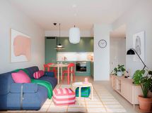 Visualisointi 3. kerroksen vastaavasta kodista (2h+kt, 45 m²).