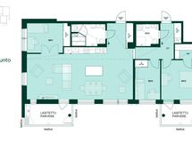 Kodin pohjapiirros (4-5h+kt+s, 116 m²). Vaihtoehtoisessa pohjaratkaisussa olohuoneen yhteyteen voidaan rakentaa makuuhuone/työhuone.