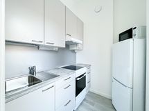 Keittiössä on hyvin kaappitilaa.