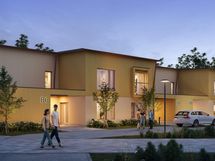 Visualisointikuva: Espoon Tuulikello 3 - A-talossa on viisi kaksikerroksista rivitalokotia ja B-talossa neljä kaksikerroksista rivitalokotia.