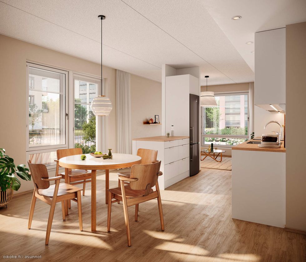 Visualisointi ensimmäisen kerroksen vastaavasta kodista (2h+kt, 45 m²)