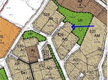 Kaavanäkymä, myytävä kiinteistö merkitty nuolella