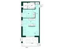 2h+kt+s, 54,5 m². Kaksio, jossa sauna ja lasitettu parveke.