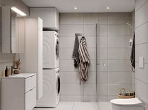 Lisähintainen kylpyhuonetyyli Huurre. Visualisoinnissa lisäksi valittuna valkoinen allaslaatikosto ja pesutorni. (M-koon kylpyhuone).