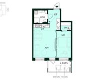 Kaksio, jossa makuuhuone vaatehuoneella, avokeittiö-olohuone, kylpyhuone ja lasitettu parveke.