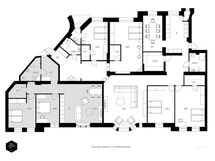 Pohjaluonnos ja esimerkki jaetusta asunnosta. 