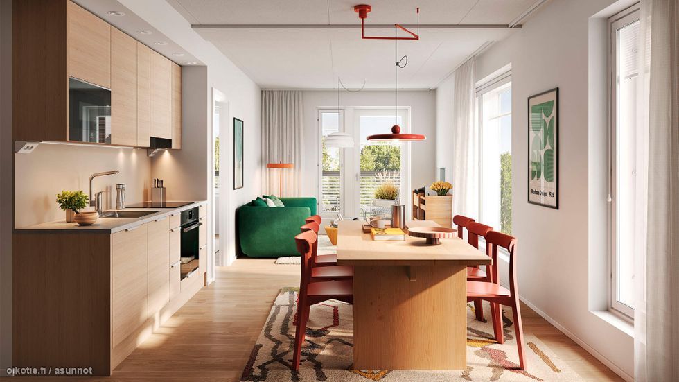 Keittiöissä on tyylikkäät Puustellin kalusteet ja Electroluxin kodinkoneet. Visualisointi 59,5-neliöisestä kolmiosta (asunnot D8 ja D15, 3h+kt).