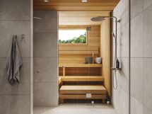 Visualisointikuva rivitalokodin A 01 ja B 06 saunaosastosta