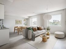 Digitaalisesti stailattu kuva 5. kerroksen vastaavasta olohuoneesta.