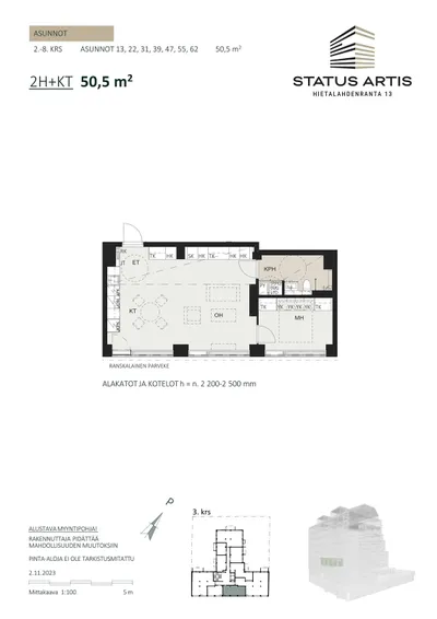 Kerrostalo, 2h,kt,kph,ransk.parveke (YJ: 2h+kt), 50,5 m², Hietalahti - View 2